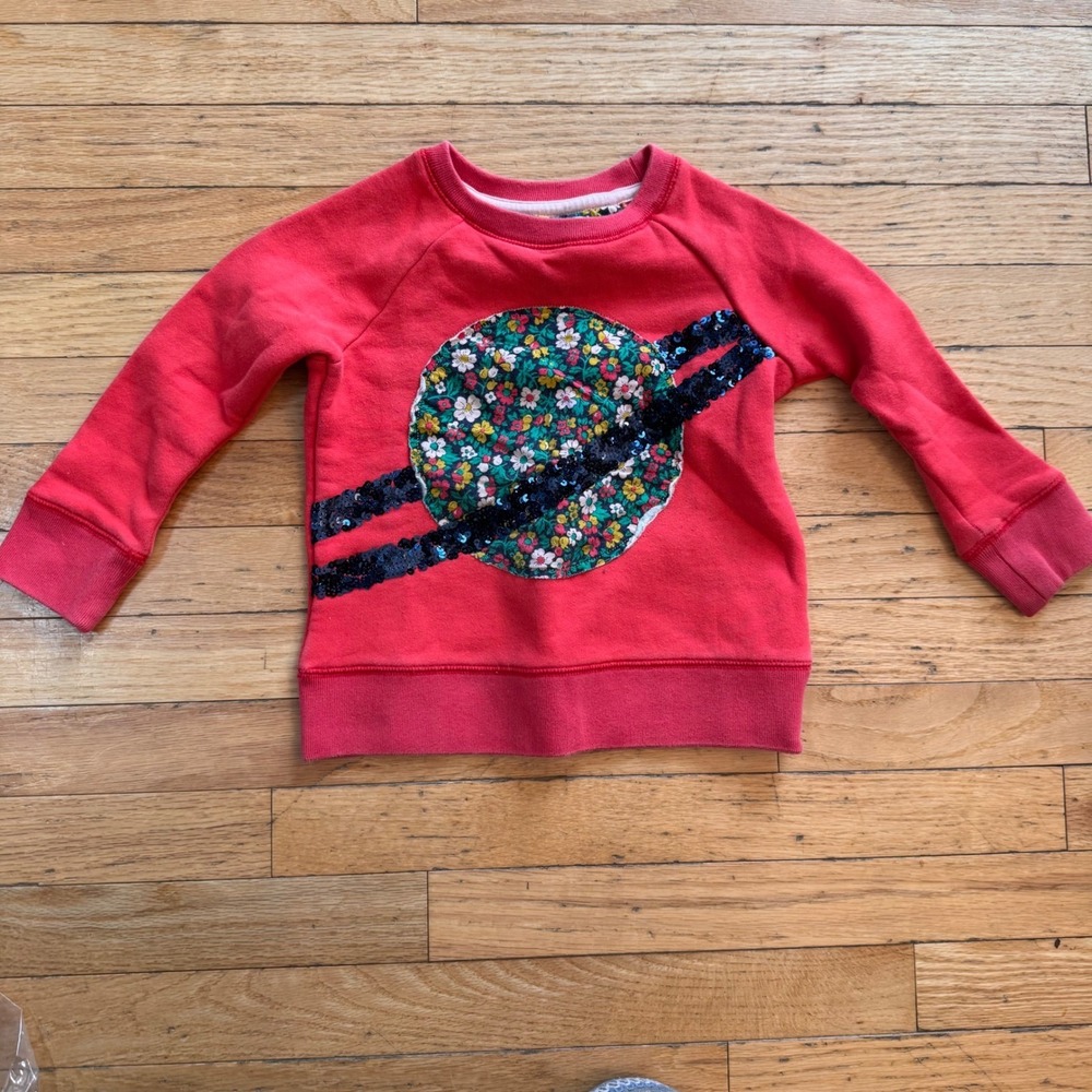 Mini Boden Kids Red Planet Sweatshirt Floral Sequin Pullover Size 5-6Y